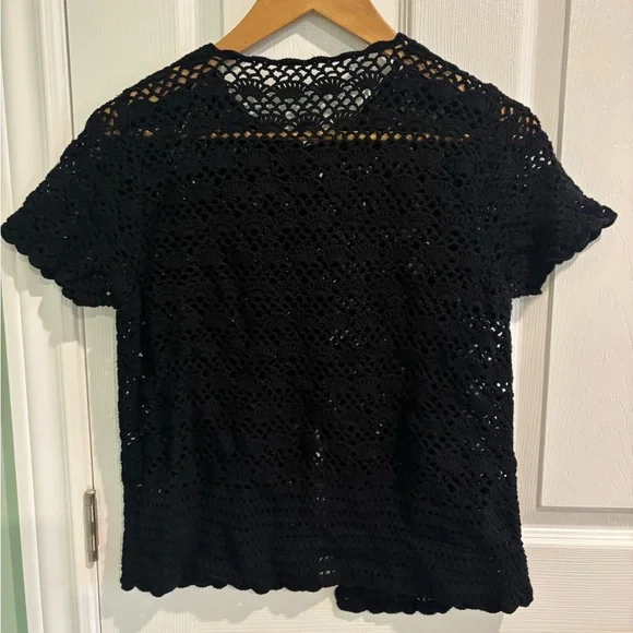 Women’s Black Crochet Short-Sleeve Button Cardigan - Picture 2 of 5